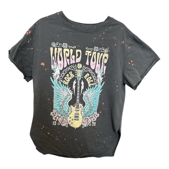 Tops - World Tour Graphic T-Shirt Gray Distressed Bleached Rock Tee size Large